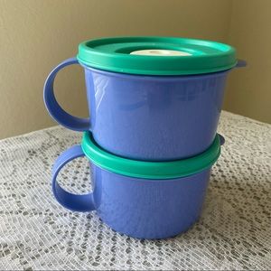 •Vintage• Set of 2 Tupperware CrystalWave 16oz Soup Bowls w Lid; Teal & Blue
